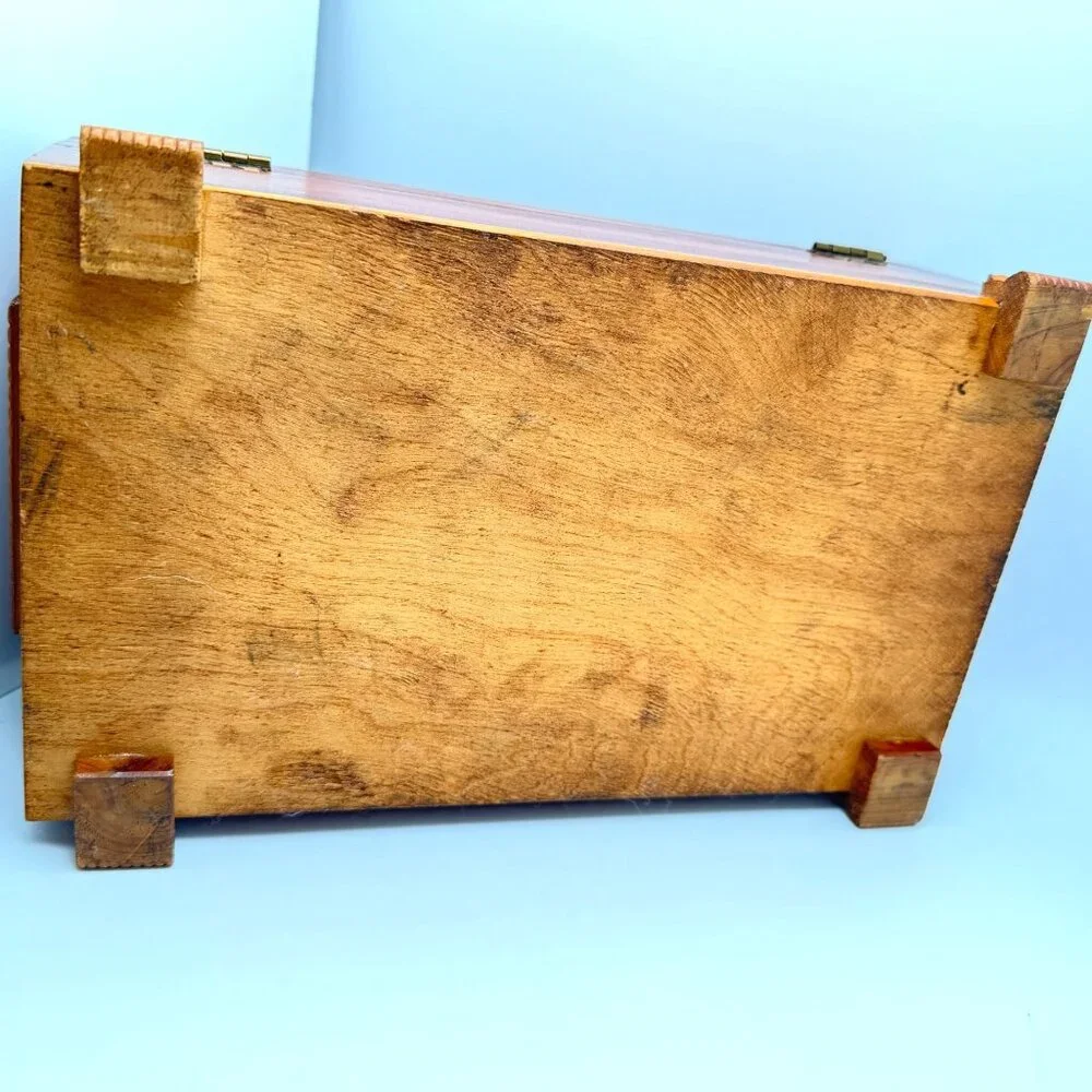 Vtg 1950s Hand-Carved Cedar Wood Jewelry Box Mirror Windmill Footed Base